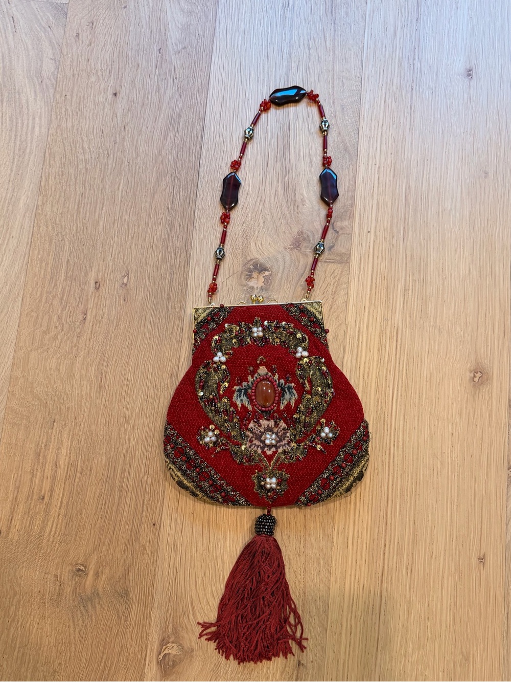 Mary Frances Red Beaded Embellished Evening Bag Tassel Purse